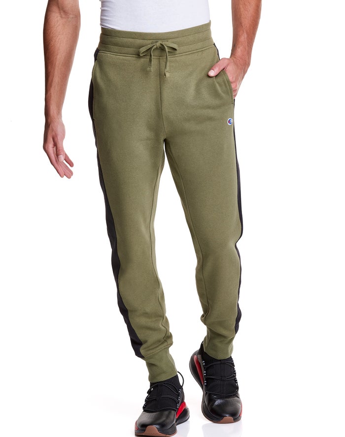 Champion Mens Joggers NZ - Colorblock Stripe Fleece Olive/Black ( 7524-RGVNC )